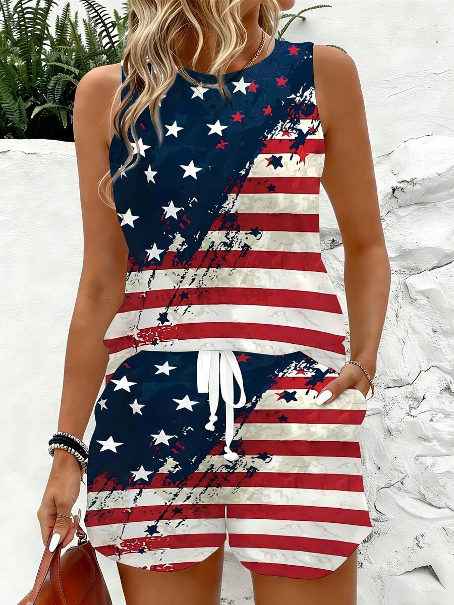 Front view of patriotic American flag tank top and drawstring shorts two piece set