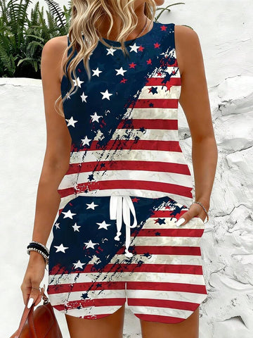 Front view of patriotic American flag tank top and drawstring shorts two piece set