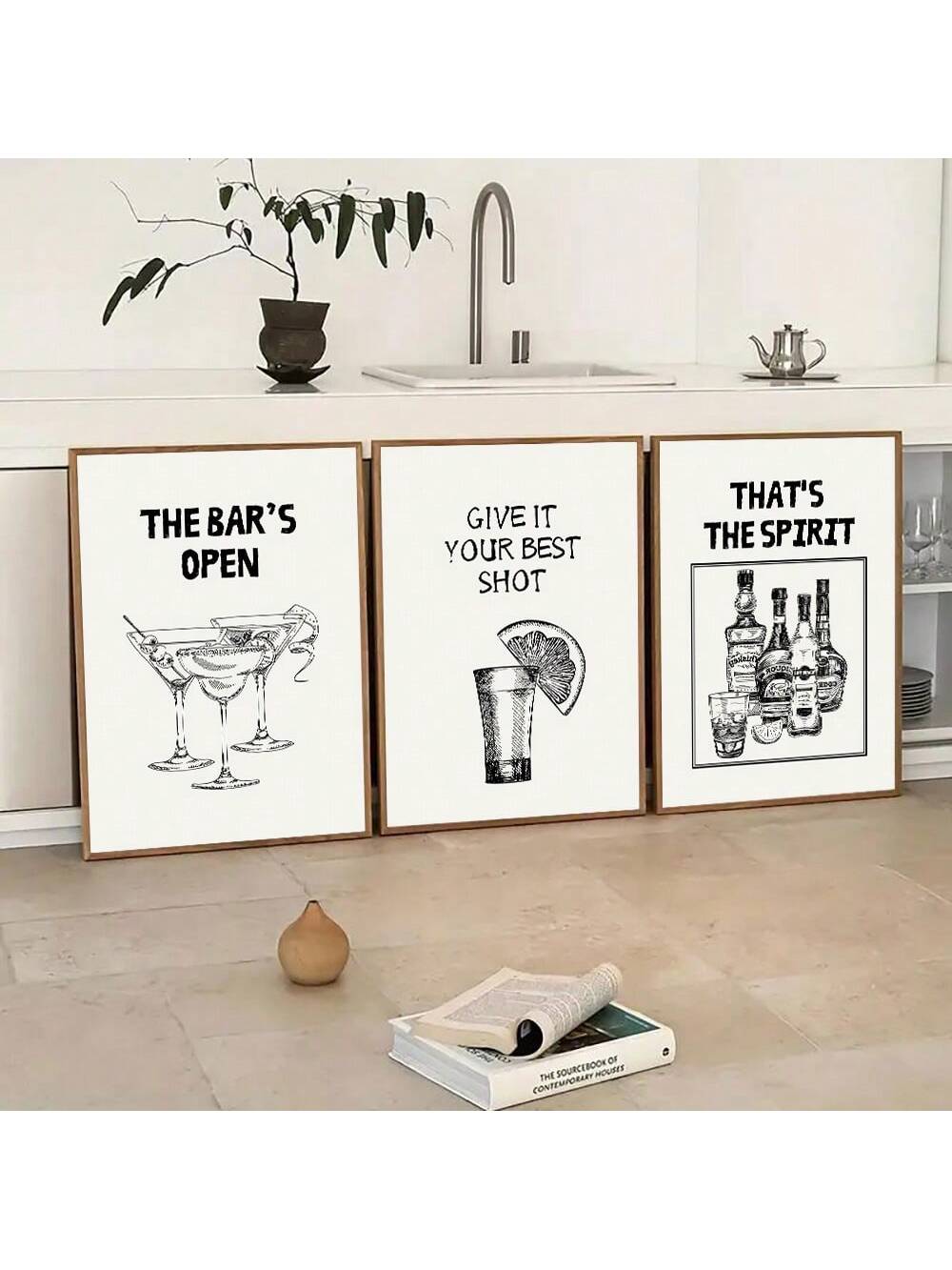 Elevate your home bar area with this eye-catching set of 3 modern tequila prints! Perfect for the cocktail enthusiast who doesn't take decorating too seriously. These sleek black bar cart wall art pieces add just the right splash of personality to any space – because let's face it, your walls deserve a drink too! Instantly transform your living room, kitchen, or entertainment area into the chicest spot in town.