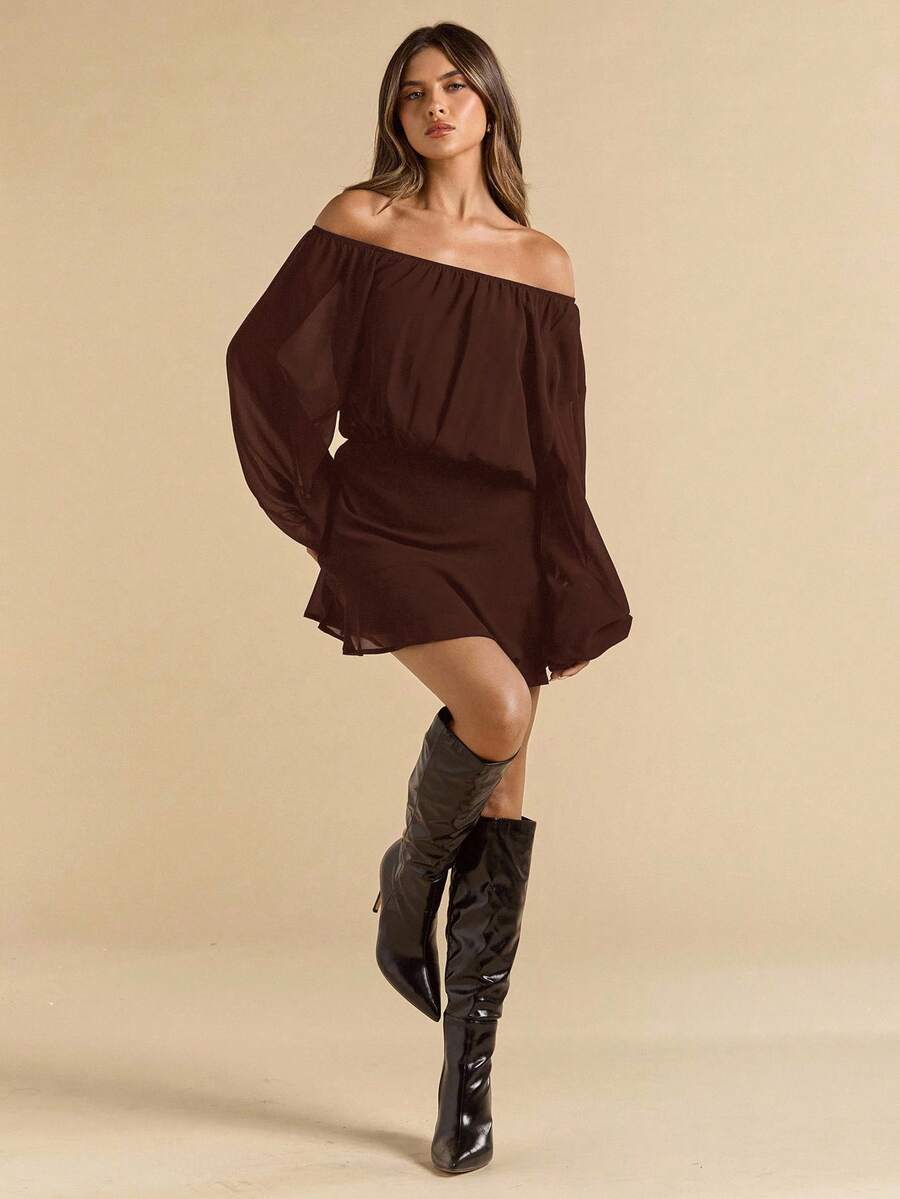 Dark brown one shoulder sheer sleeve mini dress full front view