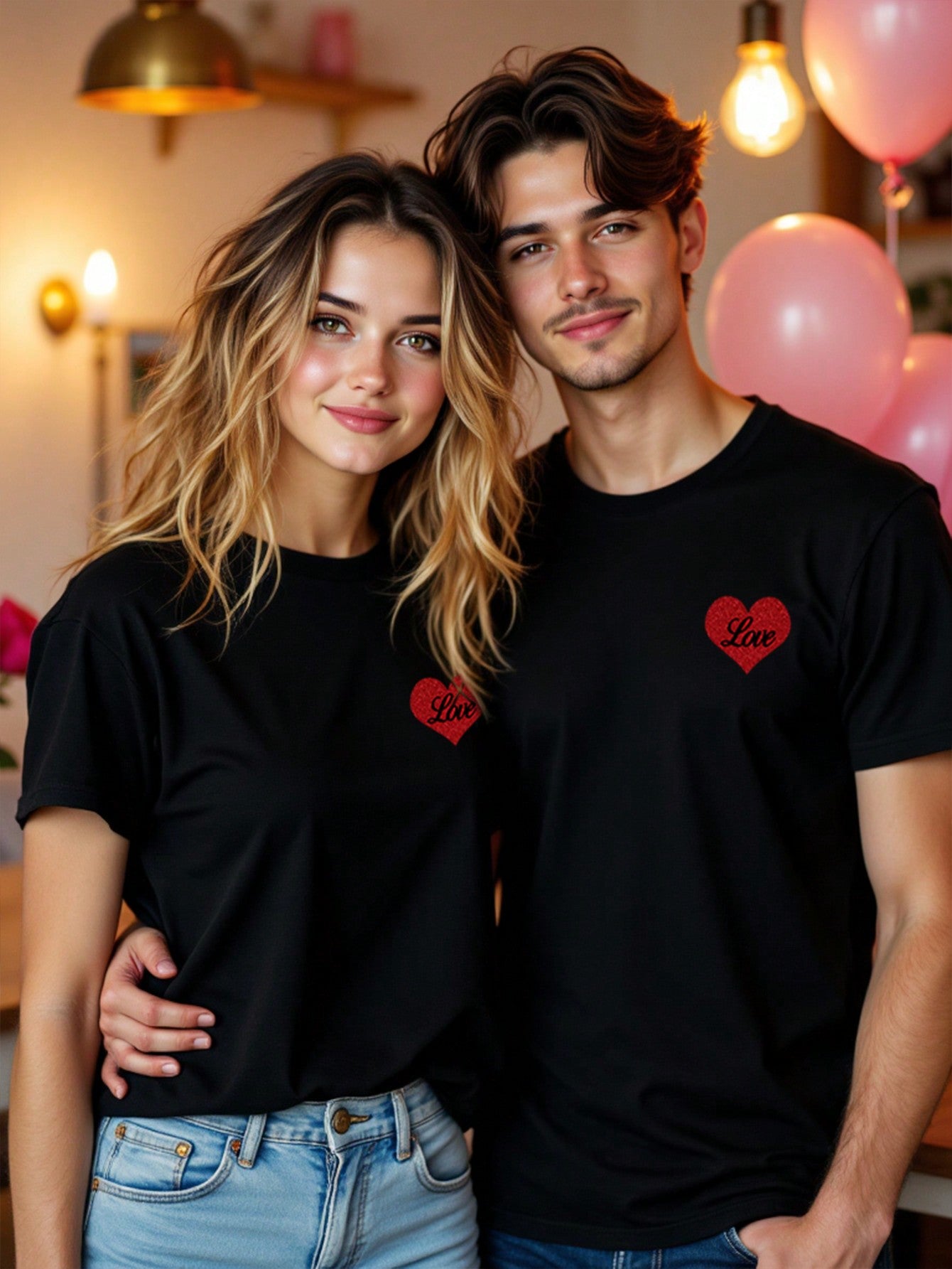 Be the power couple at any party or on Valentine's Day with our Stylish Black Crew Neck T-Shirt. Show off your love and style with this perfect set. Don't just match, make a statement!