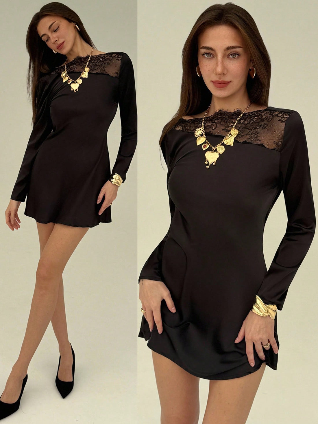 Turn heads at your next event in this stunning black mini dress that perfectly blends elegance with edge. Featuring a daring plunging neckline and luxe satin fabric, it's paired with intricate lace patchwork details that add just the right amount of sass. The fitted silhouette flatters your curves while the mini length keeps things flirty and fun. Whether you're hitting the dance floor or making a grand entrance, this dress delivers major party vibes with effortless sophistication. Dress it up with heels an