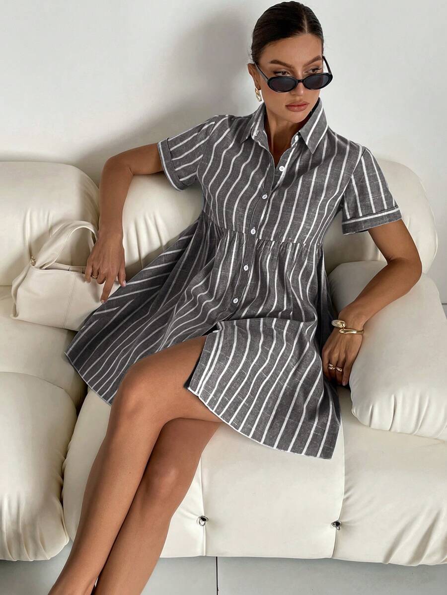 Step out in style with this playful button-front striped dress. Its short sleeves and breezy fit make it perfect for casual days when you want to look effortlessly chic. The stripes add a fun, fresh vibe, while the button details bring a touch of charm. Easy to wear and even easier to love!