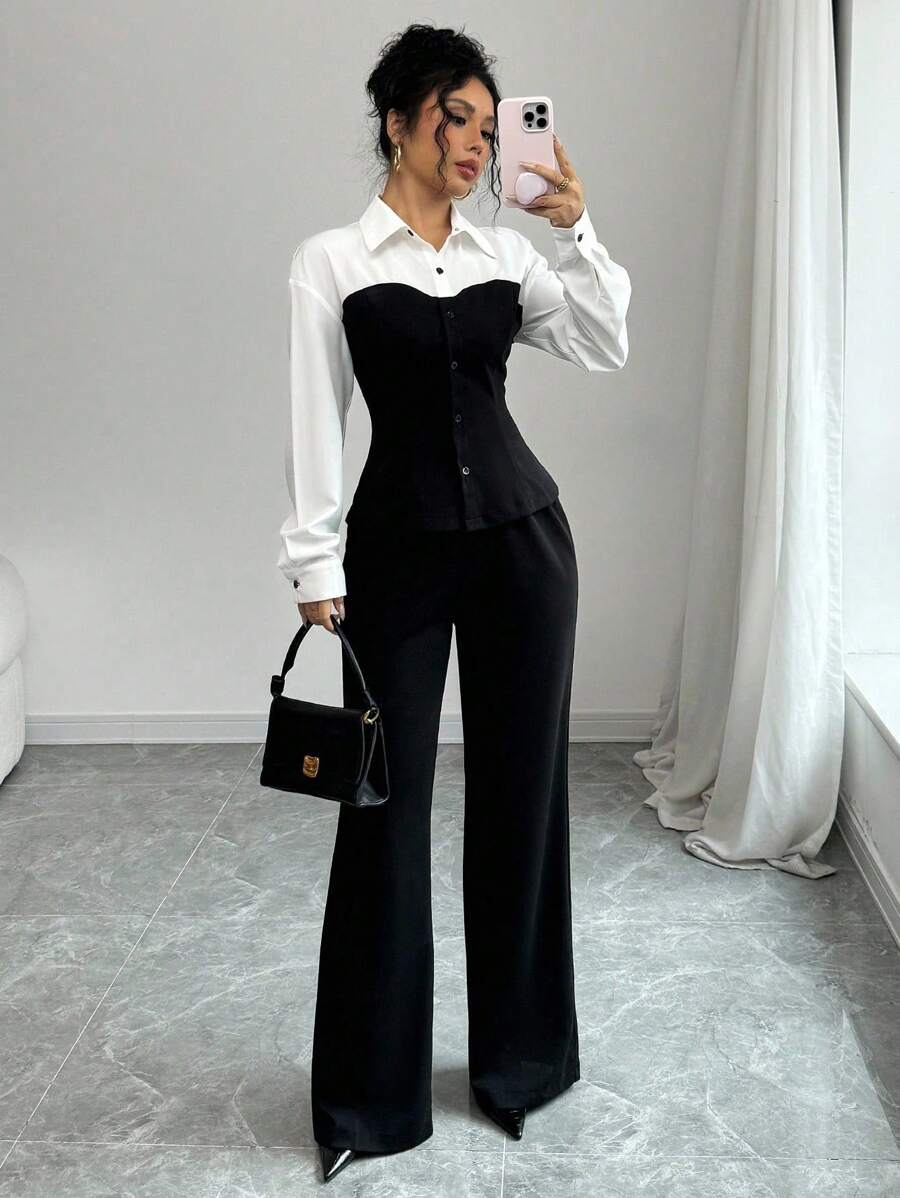 Make a statement with this eye-catching two-piece set that brings bold color blocking straight to your wardrobe. The slim-fit shirt features striking contrast panels that elongate your silhouette, while the matching pants offer a sleek, tailored look that transitions seamlessly from office to weekend plans. Crafted for comfort and confidence, this set proves you don't need to choose between style and ease—rock both at once!