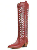 Step into style with these knee-high cowboy boots designed just for women who love a little flair. Featuring chunky heels for confident strides and intricate foliage embroidery, these boots blend classic cowgirl charm with a fresh, playful twist. Perfect for turning heads at any event or adding a bold touch to your everyday look.