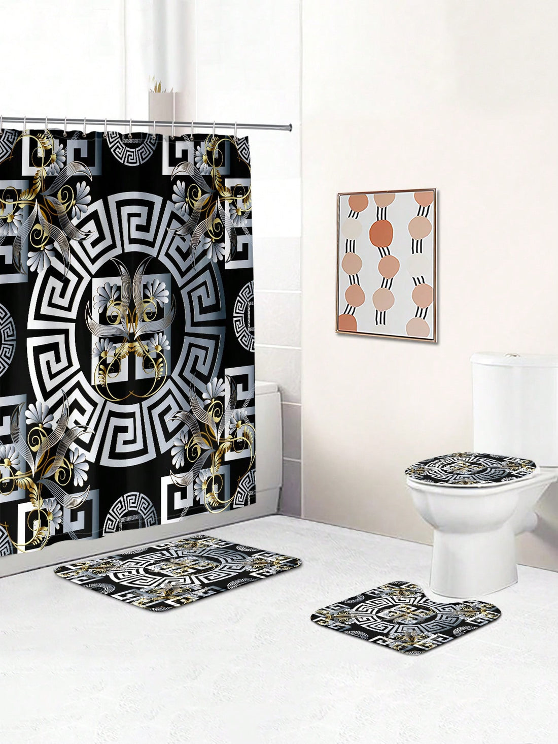 Elevate your bathroom with our stylish geometric bohemian set! Featuring a shower curtain, floor mats, and toilet cover, this set adds a touch of personality to any bathroom. Say goodbye to boring bathrooms and hello to a chic and playful vibe!