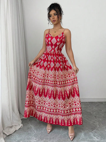 Get ready for effortless vacation elegance with this stylish geometric print dress featuring a playful bowknot and a daring backless design. Perfect for making a statement while staying comfortable. Say goodbye to boring vacation outfits!