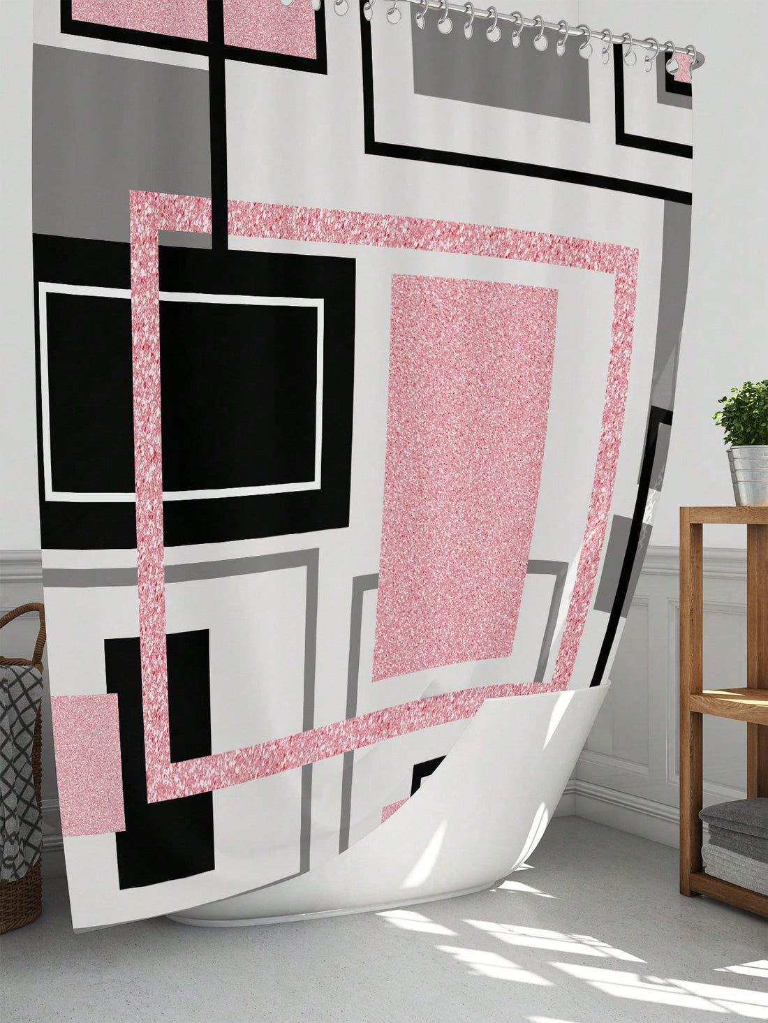 Elevate your bathroom's style with our Stylish Geometric Shower Curtain Set. This waterproof set includes a U-Shaped Rug and Toilet Cover for a complete, chic look. Turn your bathroom from blah to beautiful without breaking the bank. (You're welcome, wallet.)