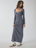 Slip into this stylish grey knitted bodycon dress and turn heads with effortless elegance. Its long sleeves and snug fit highlight your curves while keeping you cozy. Perfect for day-to-night wear, this dress blends comfort with chic style for any occasion.