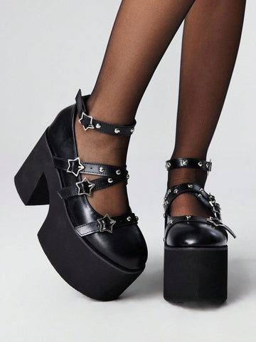 Step out with attitude in these Stylish Grunge Punk Mary Jane Heels! Featuring edgy rivet details and a standout star buckle, they bring a rebellious twist to any outfit. Perfect for parties or adding flair to your everyday look, these heels combine comfort and bold style effortlessly. Make every step a statement with a shoe as unique as you are.
