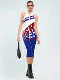 Front view of patriotic USA zip front sleeveless bodycon midi dress