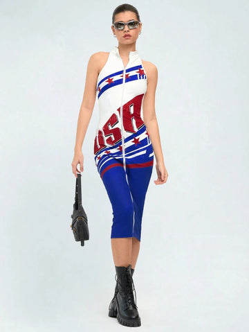 Front view of patriotic USA zip front sleeveless bodycon midi dress
