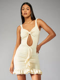 Be a trendy fashionista in our Stylish Jersey Ruffle Frill Cut-Out Mini Dress. This dress features chic cut-outs and a playful ruffle frill design, perfect for making a statement. With a comfortable jersey fabric, you'll stay stylish and comfortable all day (and night) long.
