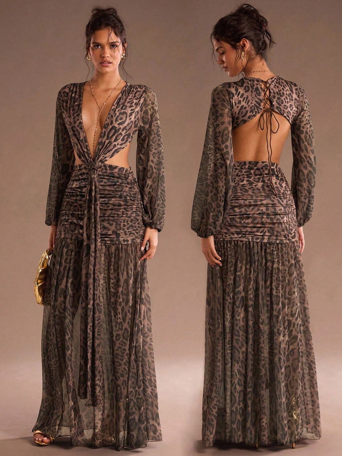 Turn heads at your next event in this stunning leopard print maxi dress. The daring backless design adds instant glamour and sophistication, while the flowing silhouette flatters every figure. Perfect for holiday parties, night outs, or any occasion calling for a show-stopping look. The bold leopard pattern brings wild confidence to your wardrobe, making this dress an unforgettable choice for those ready to make a statement.