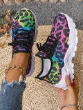 Step out in style with these playful leopard print sneakers designed just for women who love comfort and flair. Featuring breathable fabric and a secure lace-up design, they keep your feet fresh and supported all day. The chunky soles add a trendy edge while providing extra cushioning for casual runs or everyday adventures. Available in plus sizes, these sneakers combine fun patterns with a perfect fit to brighten up your shoe collection.