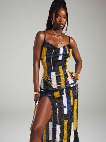 Front view of color block maxi slip dress with V-neck straps and high side slit