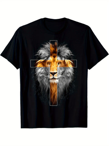 Express your faith with a playful twist in this eye-catching men's cotton tee. The bold Lion of Judah and cross design makes a statement while keeping you comfortable whether you're running errands or relaxing at home. Soft fabric meets spiritual symbolism in this versatile shirt that's ready to become your new favorite.