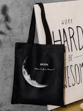 Carry your essentials in style with this casual shopper bag, designed for teen girls and college students. Featuring a striking moon and letter graphic pattern set against a multicolor backdrop, it combines artistic flair with everyday functionality. The spacious design offers ample room for books, laptops, and daily necessities, while the double handles ensure comfortable carrying. Crafted from 100% linen, this durable fabric bag is perfect for school, campus life, or casual outings. 