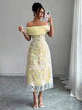 Elevate your summer style with this playful off-shoulder dress featuring flirty ruffles and delicate mesh patchwork. Embroidered details add a touch of charm while keeping the look fresh and minimalist. Perfect for sunny days when you want to feel light, breezy, and effortlessly chic.