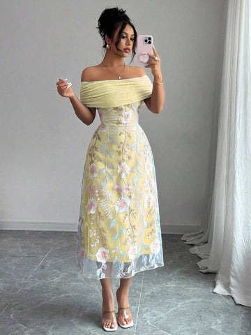 Elevate your summer style with this playful off-shoulder dress featuring flirty ruffles and delicate mesh patchwork. Embroidered details add a touch of charm while keeping the look fresh and minimalist. Perfect for sunny days when you want to feel light, breezy, and effortlessly chic.