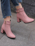 Step out in style with these playful pink buckle high heel short boots, designed to brighten your autumn and winter wardrobe. Their chic buckle detail adds a fun twist, while the comfortable heel lifts your look for any occasion. Perfect for adding a pop of color and confidence to cooler days!
