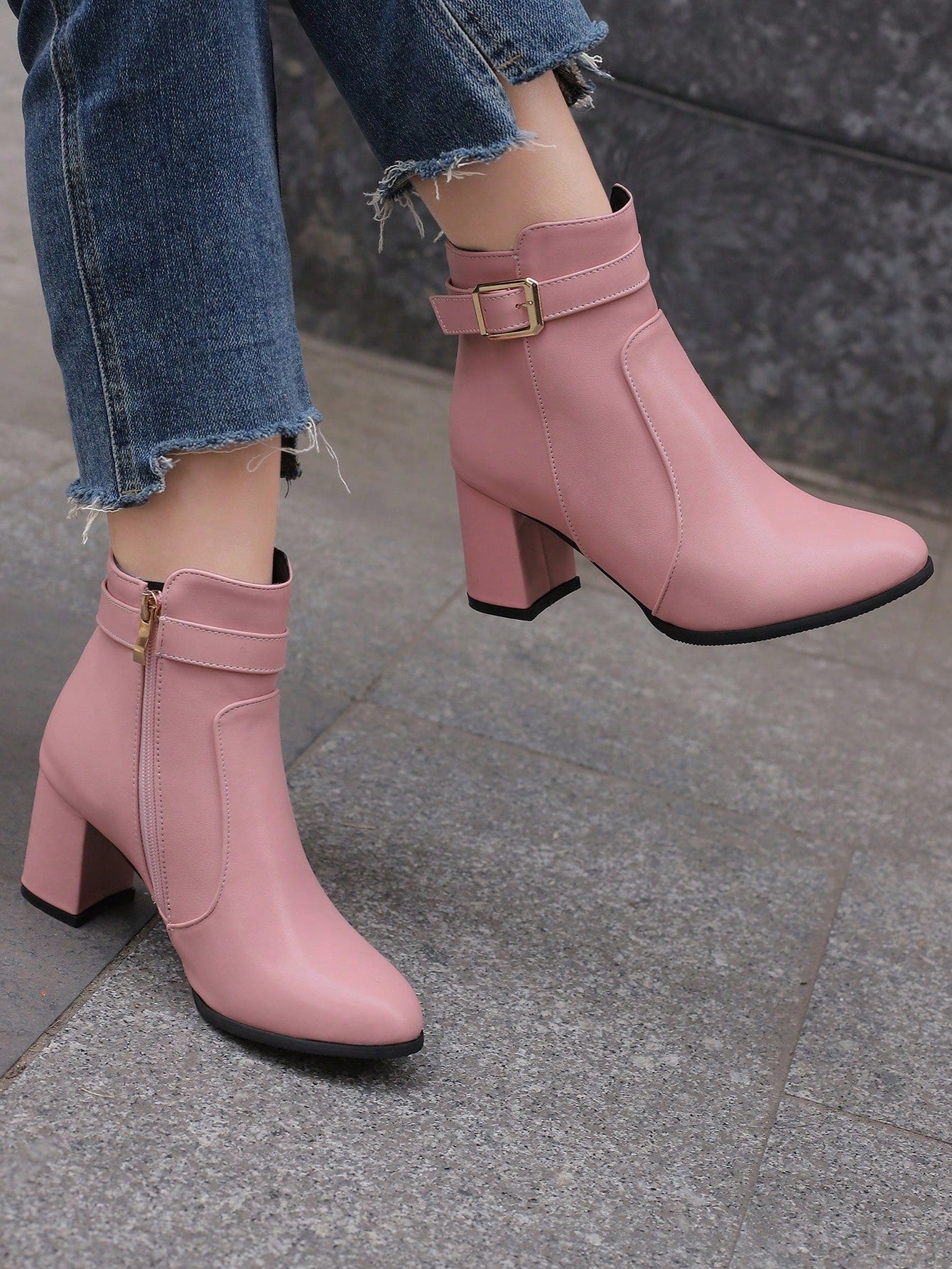 Step out in style with these playful pink buckle high heel short boots, designed to brighten your autumn and winter wardrobe. Their chic buckle detail adds a fun twist, while the comfortable heel lifts your look for any occasion. Perfect for adding a pop of color and confidence to cooler days!