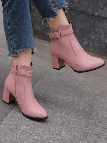 Step out in style with these playful pink buckle high heel short boots, designed to brighten your autumn and winter wardrobe. Their chic buckle detail adds a fun twist, while the comfortable heel lifts your look for any occasion. Perfect for adding a pop of color and confidence to cooler days!