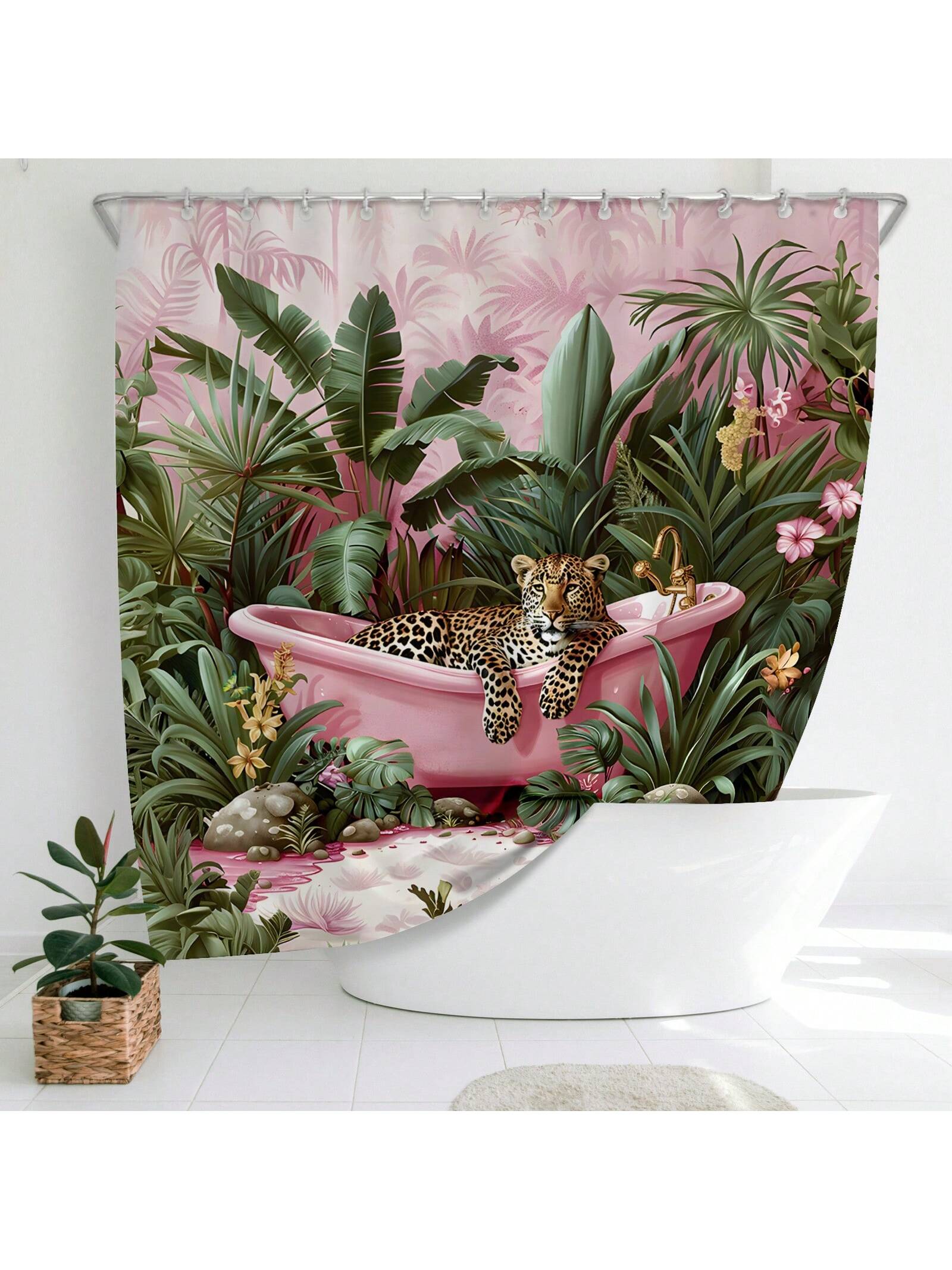 Add a splash of wild fun to your bathroom with this stylish pink leopard pattern shower curtain. Waterproof and easy to clean, it keeps your space dry while bringing trendy flair. Complete with sturdy hooks, it’s ready to hang and transform your shower into a chic jungle retreat.