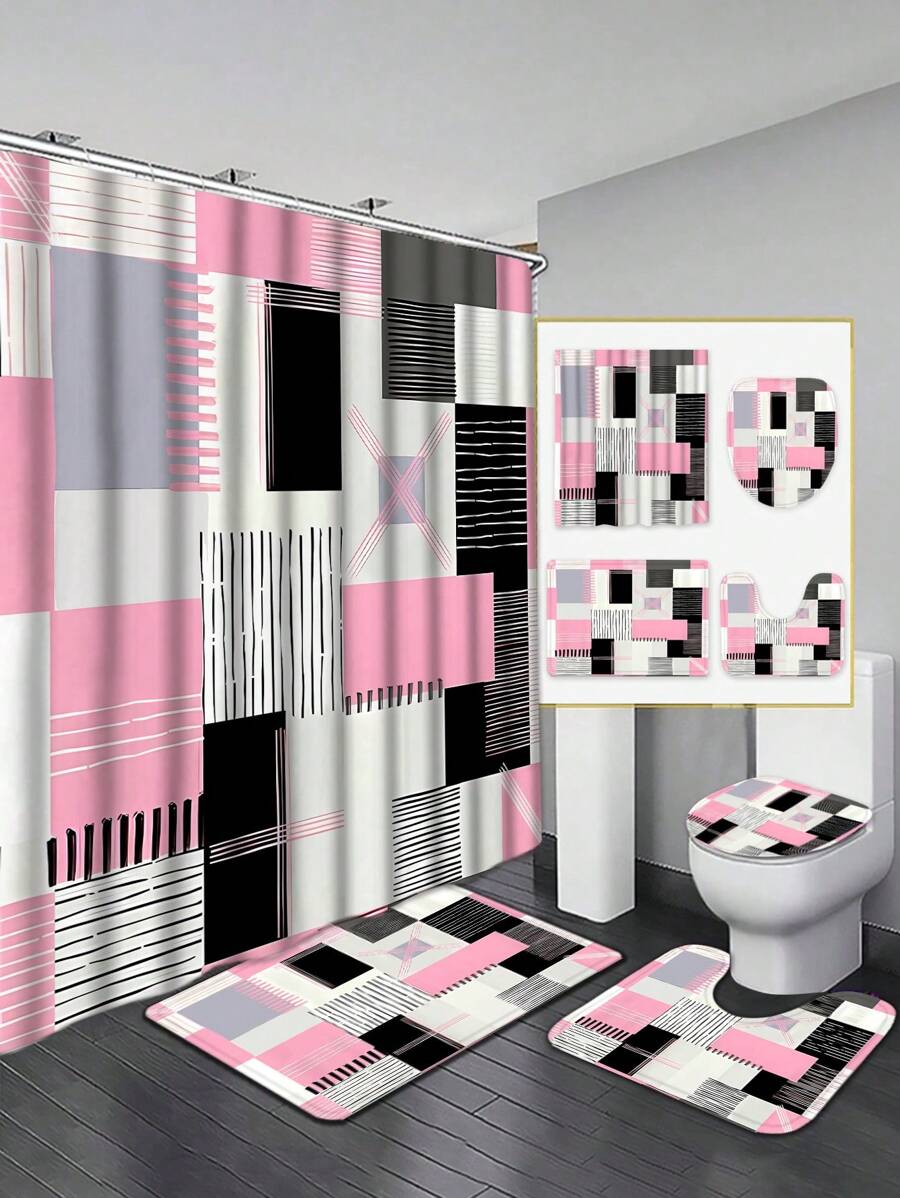 Add a splash of fun to your bathroom with this Stylish Pink Square Pattern Shower Curtain Set. Featuring a vibrant pink square design, it includes matching floor and toilet mats to create a coordinated, cheerful look. Perfect for brightening up your space while keeping it cozy and comfortable underfoot. Transform your bath routine into a playful experience with this complete decor set!