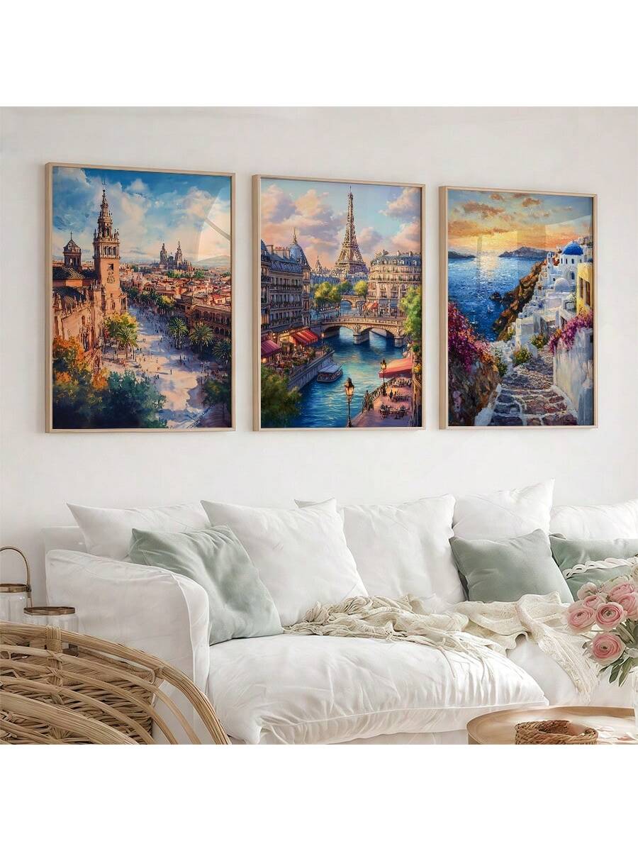 Brighten your space with this playful set of three frameless canvas prints featuring stylish pink and mint green hues inspired by the Greek Mediterranean. Perfect for adding a bohemian touch, these art pieces bring fresh, vibrant energy that livens up any room with effortless charm.