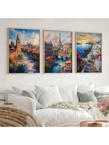 Brighten your space with this playful set of three frameless canvas prints featuring stylish pink and mint green hues inspired by the Greek Mediterranean. Perfect for adding a bohemian touch, these art pieces bring fresh, vibrant energy that livens up any room with effortless charm.