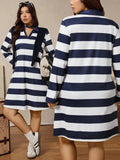 Step into autumn with flair in this plus-size blue and white striped polo collar dress. Its playful stripes and cozy fit make it a go-to for casual days or a fun Halloween look. Designed to flatter and keep you comfortable, this dress pairs perfectly with your favorite boots or sneakers for effortless style all season long.