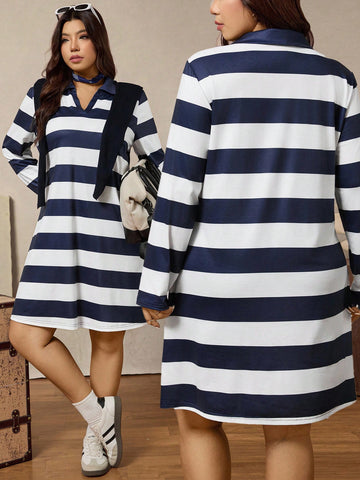 Step into autumn with flair in this plus-size blue and white striped polo collar dress. Its playful stripes and cozy fit make it a go-to for casual days or a fun Halloween look. Designed to flatter and keep you comfortable, this dress pairs perfectly with your favorite boots or sneakers for effortless style all season long.