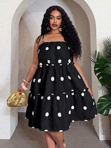 Side view of stylish plus-size polka dot a-line dress for spring & summer festivals, casual outings, and beach vacations with summer styling for summer casual wear
