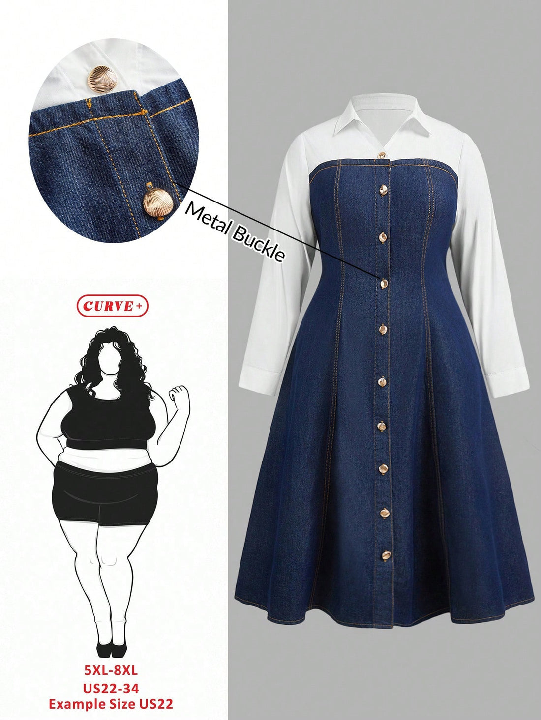 Elevate your seasonal wardrobe with this eye-catching denim dress that celebrates bold color blocking in classic blue and white. Perfect for autumn gatherings and winter festivities, this plus-size style combines timeless denim durability with a modern, playful aesthetic. The striking contrast panels create a flattering silhouette while the versatile color palette pairs effortlessly with your favorite accessories. Whether you're heading to a holiday party or casual weekend outing, this dress delivers comfor