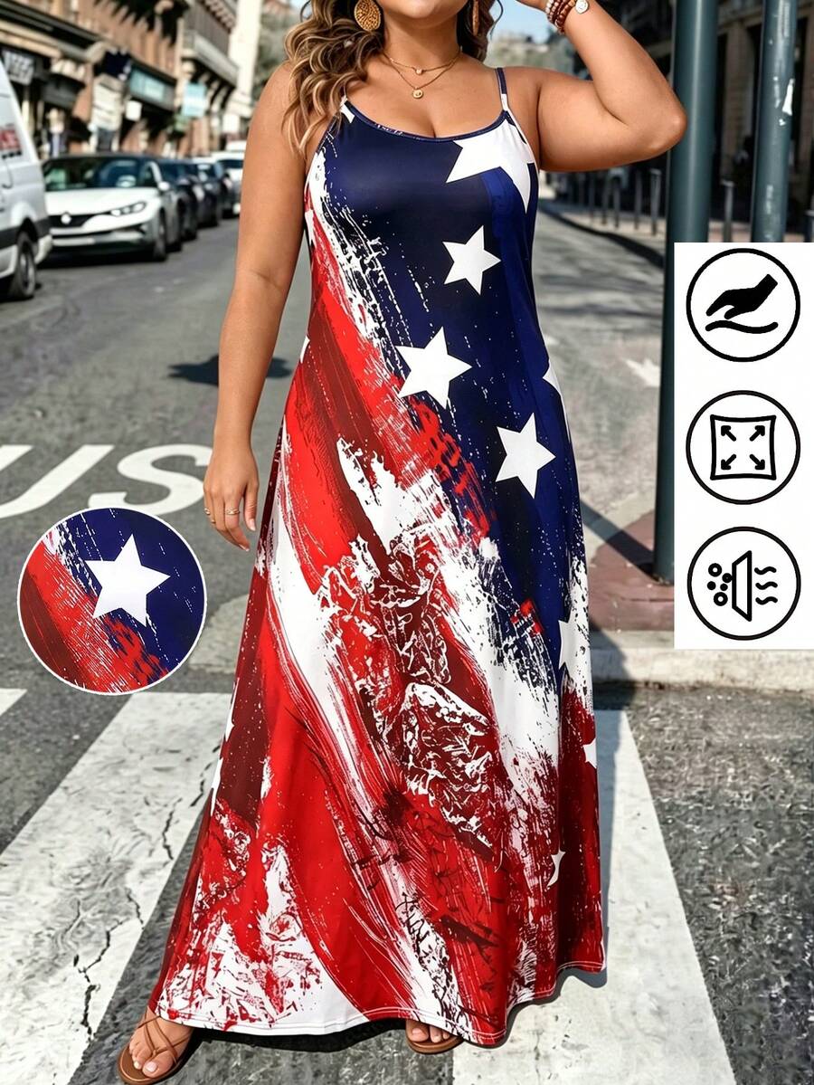 Front view of plus size patriotic flag print spaghetti strap maxi sundress