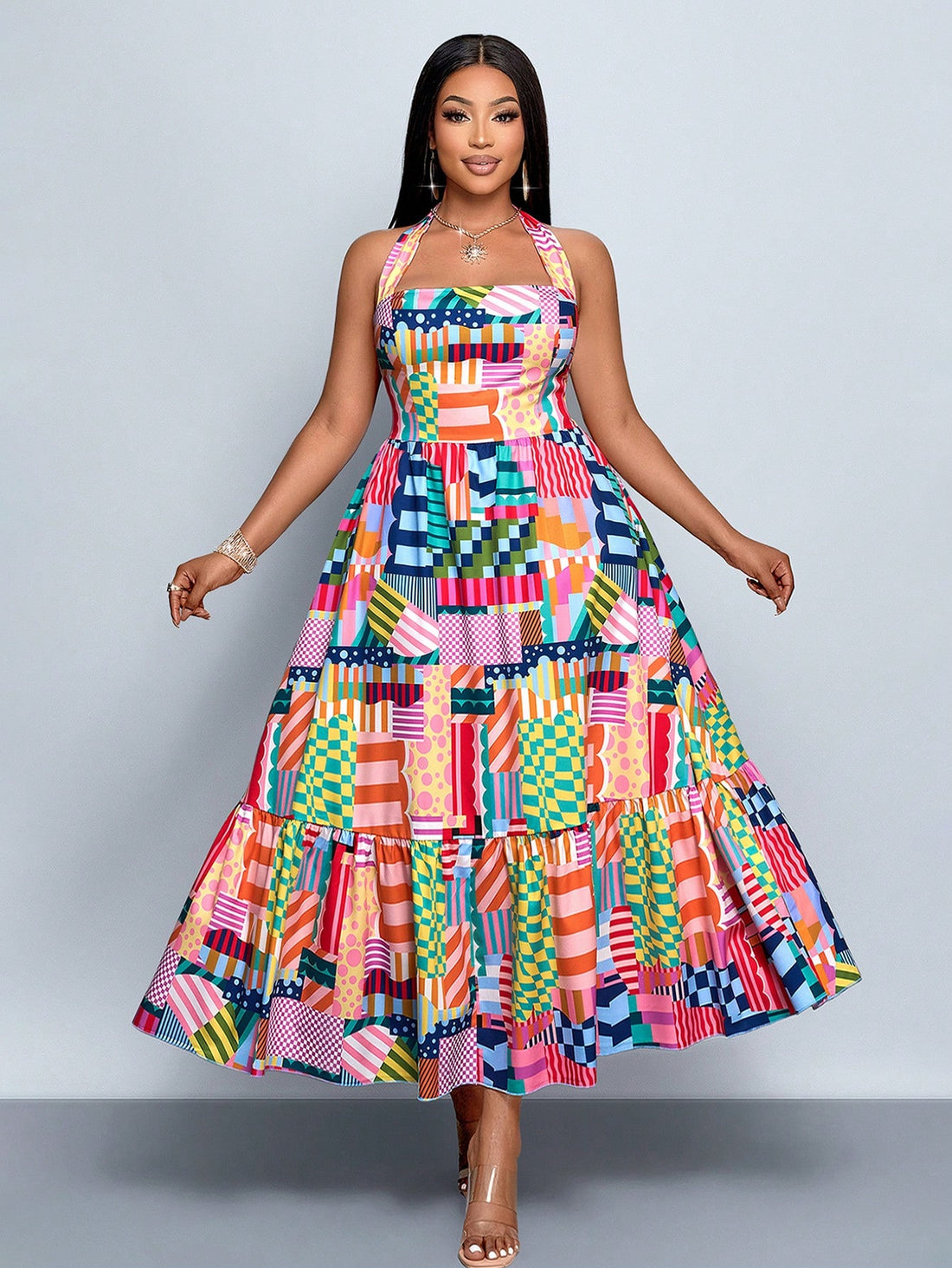 Embrace the season in this fabulous plus-size halter dress that's ready for anything! With its flowy silhouette and flattering neckline, you'll feel confident whether you're lounging by the pool, exploring a new destination, or enjoying a casual day out. The breathable fabric keeps you cool and comfortable in warm weather, while the playful design adds just the right amount of flair to your spring and summer wardrobe. Pack it, wear it, love it—this versatile piece is your new vacation essential!