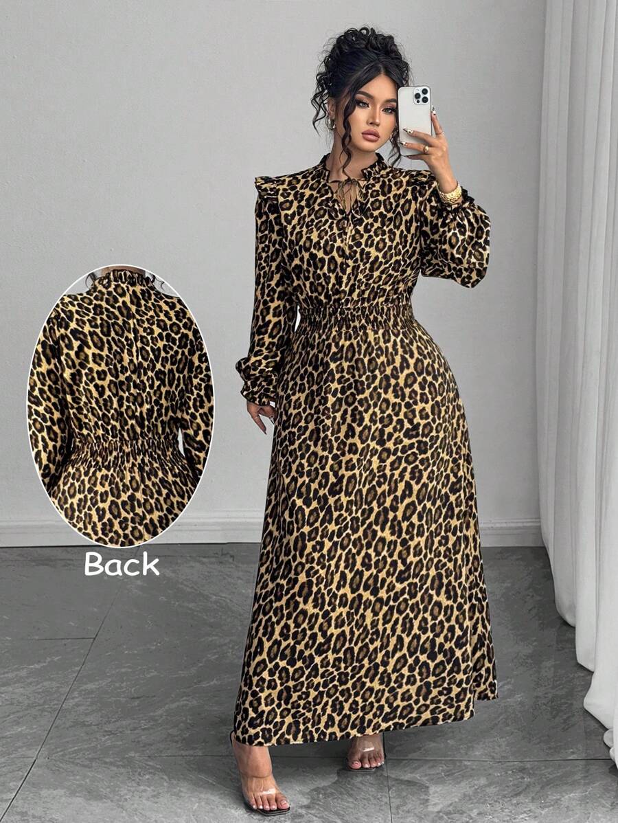 Step into fall with flair in this playful plus size leopard print dress! Featuring charming ruffle trim and trendy lantern sleeves, it adds a touch of fun to your wardrobe. Designed to flatter and move with you, this dress combines bold prints with cozy style for effortless seasonal chic.