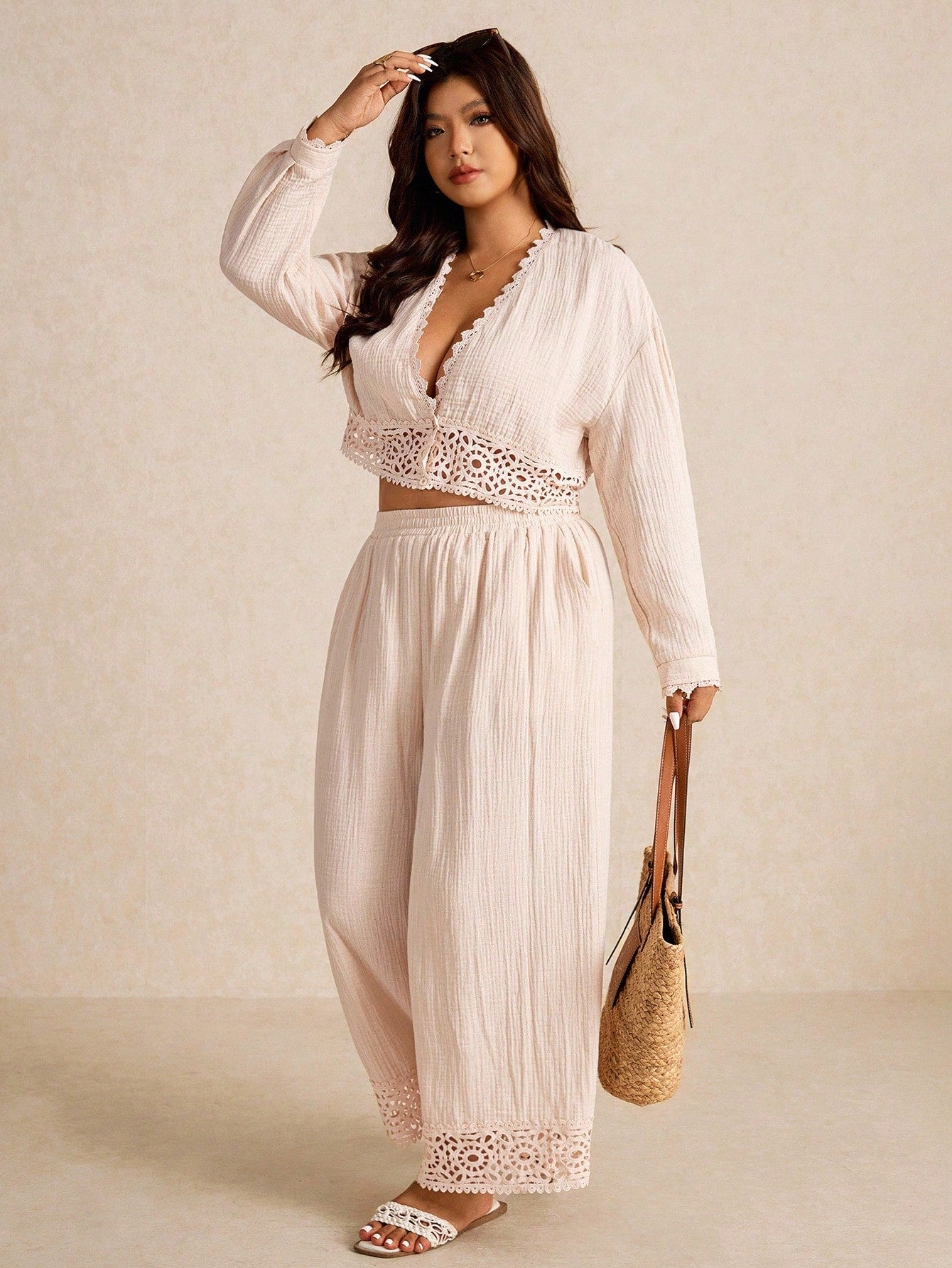 Elevate your fall wardrobe with this chic 2-piece set that proves minimalism can be seriously fun! The lace patchwork detailing adds an unexpected twist to classic pieces, while the thoughtfully designed top and pants combo work together seamlessly. Perfect for plus-size fashion lovers who refuse to compromise on style, this set strikes the ideal balance between sophisticated and effortlessly cool. Layer it, dress it up, or keep it casual—this versatile duo is ready for whatever your season brings!