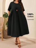This navy blue plus-size casual dress combines comfort with functionality, featuring practical pockets for everyday essentials. Its breathable fabric and flattering cut make it an ideal choice for warm weather and versatile enough for daily wear. Designed to provide ease of movement and style, this dress supports a confident, comfortable fit throughout the summer season.