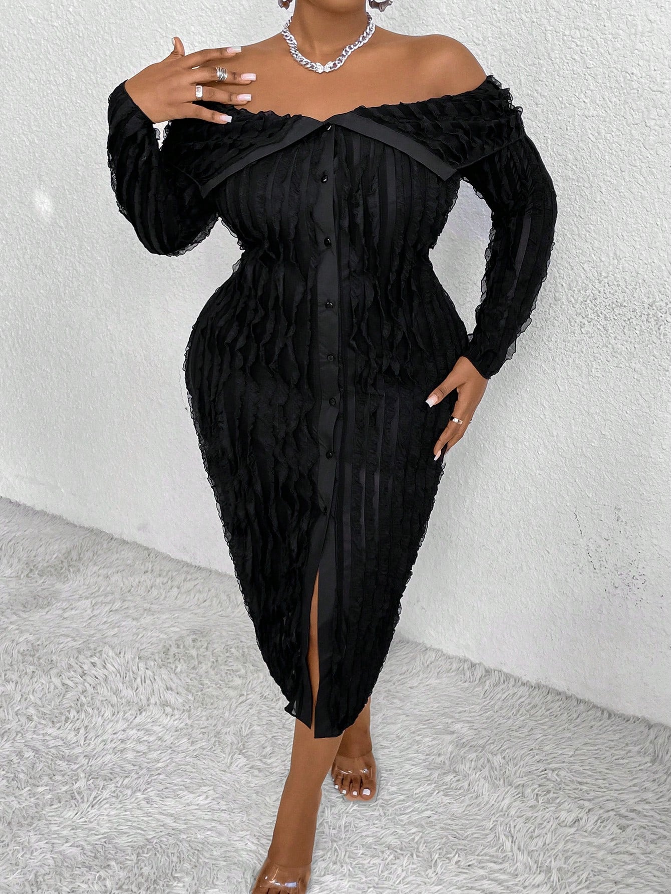 Unleash your inner fashionista with this Stylish Plus Size Off-Shoulder Long Sleeve Bodycon Maxi Dress for Women. Be effortlessly chic in this figure-flattering dress that showcases your curves and keeps you on-trend with its off-shoulder design. Perfect for any occasion, this dress will have you slaying the fashion game.