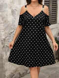 Turn heads effortlessly in this playful plus size off-shoulder dress, featuring a charming polka dot pattern and a convenient front zipper. Perfect for parties or casual days, its flattering cut and fun design bring out your confident, stylish side with ease.