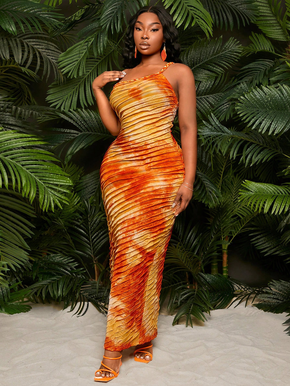 Shake things up with this quirky, orange ombre dress! Featuring a wavy hem, asymmetric shoulder, and thigh-high slit, it's perfect for everyday wear, beach vacations, date nights, and bachelorette parties. Stand out and have fun in this stylish plus size dress.