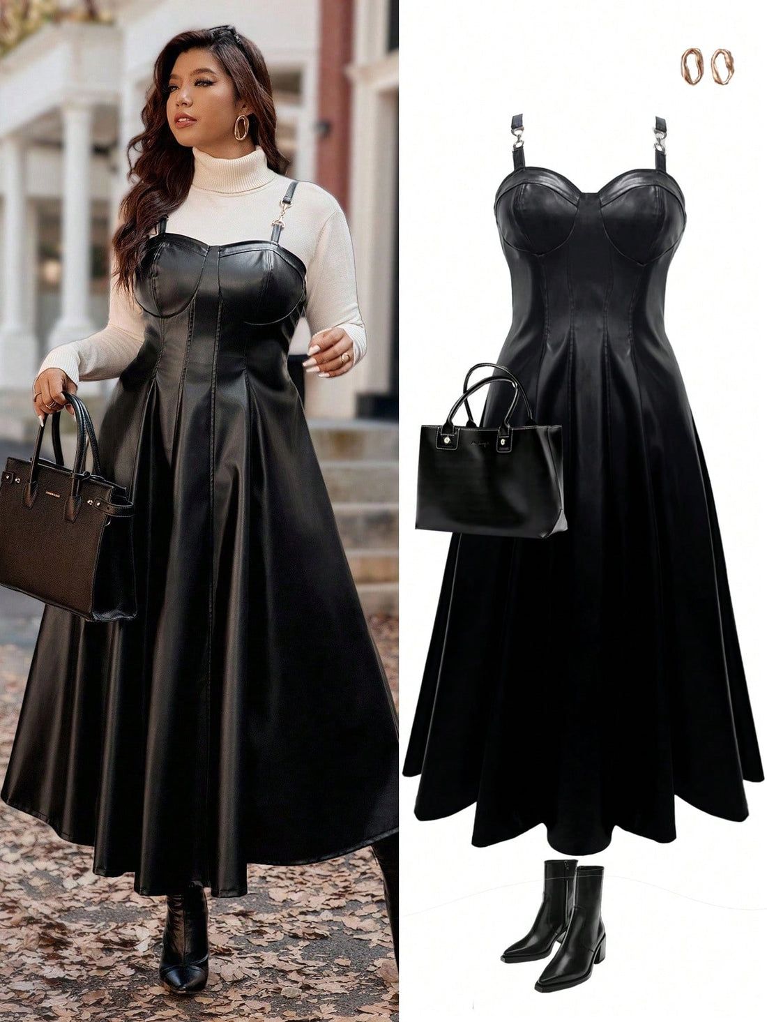 Turn heads effortlessly with this playful plus size PU leather A-line dress. Featuring a chic metal buckle, it adds just the right amount of edge to your look while flattering your curves with its comfortable A-line silhouette. Perfect for nights out or stylish daytime vibes, this dress combines fun and fashion in one irresistible package.
