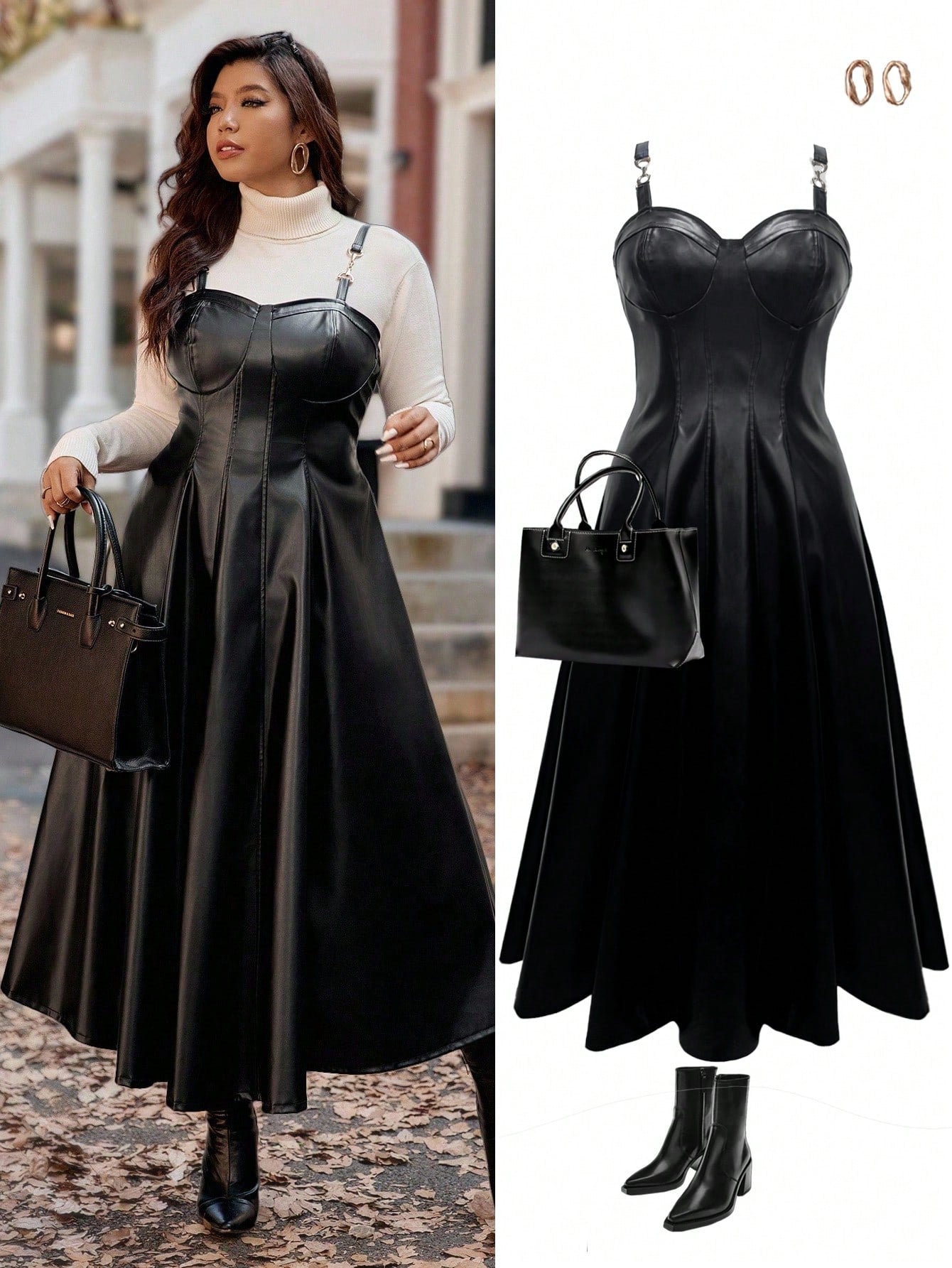 Turn heads effortlessly with this playful plus size PU leather A-line dress. Featuring a chic metal buckle, it adds just the right amount of edge to your look while flattering your curves with its comfortable A-line silhouette. Perfect for nights out or stylish daytime vibes, this dress combines fun and fashion in one irresistible package.