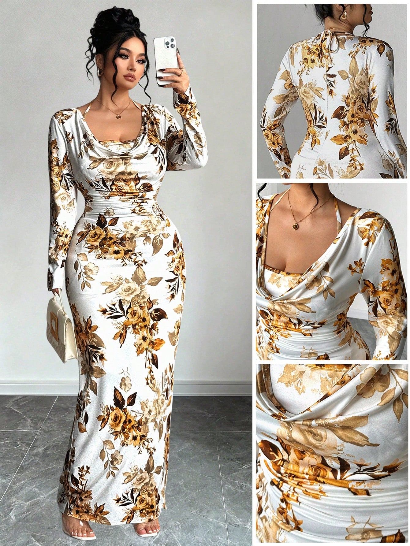 Stylish Plus Size Ruffle Collar Bodycon Dress Set for Women - Floral Maxi & Modest Two-Piece Pregnancy Dress Stylish Plus Size Ruffle Collar Bodycon Dress Set for Women - Floral Maxi & Modest Two-Piece Pregnancy Dress