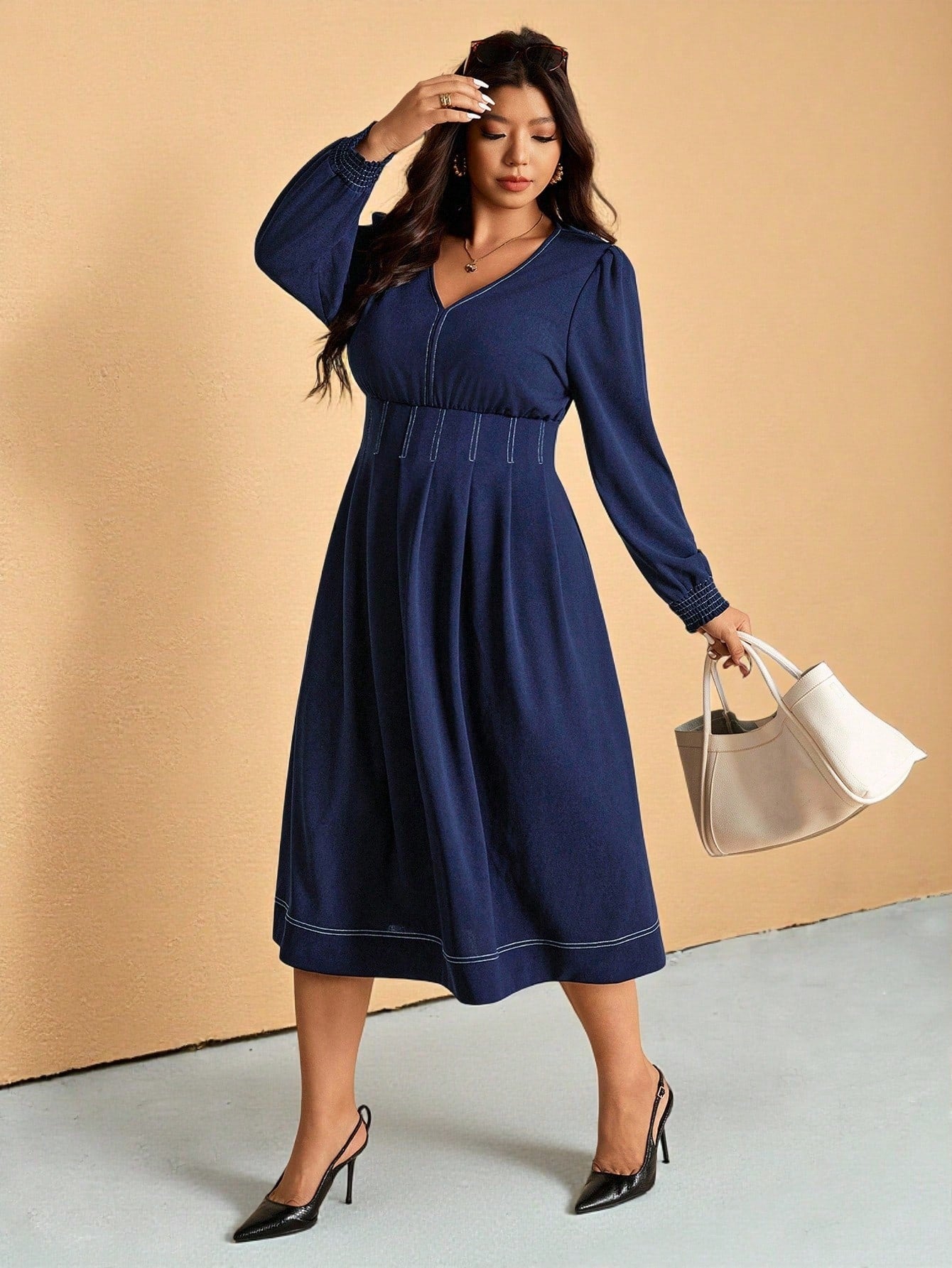 Stylish Plus Size Solid Color V-Neck Long Sleeve Casual Dress for Effo – Canary Houze