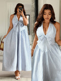 Turn heads effortlessly with this plus size halter neck dress featuring bold stripes and a charming bow decoration. Designed for comfort and style, its flattering fit embraces your curves while the halter neckline highlights your shoulders. Perfect for sunny days or casual outings, this dress brings fun and flair to your wardrobe.