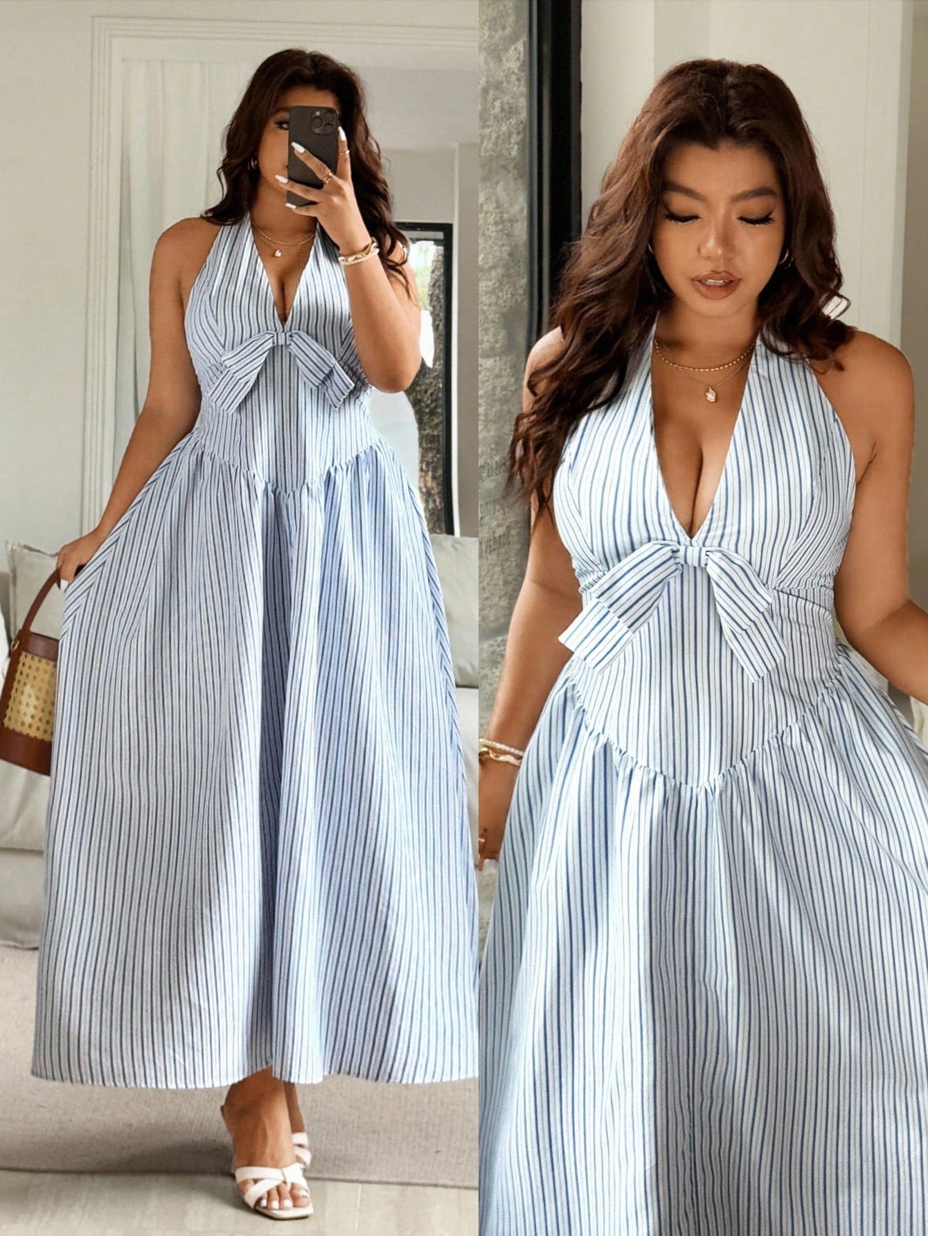 Turn heads effortlessly with this plus size halter neck dress featuring bold stripes and a charming bow decoration. Designed for comfort and style, its flattering fit embraces your curves while the halter neckline highlights your shoulders. Perfect for sunny days or casual outings, this dress brings fun and flair to your wardrobe.
