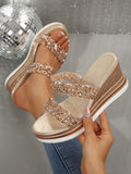 Elevate your summer style with these fabulous plus-size wedge sandals! Slip them on and strut your stuff while sparkling rhinestone accents catch the sun. The comfortable wedge heel adds height without sacrificing comfort, making these the perfect companions for beach parties, backyard BBQs, or anywhere your warm-weather adventures take you. Who said glamour can't be comfy?